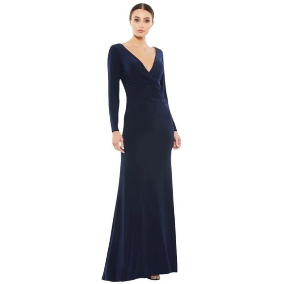 MAC DUGGAL Dress Size 12 Evening Gown Navy Blue NEW Ruched Jersey Long Sleeve - Picture 1 of 8